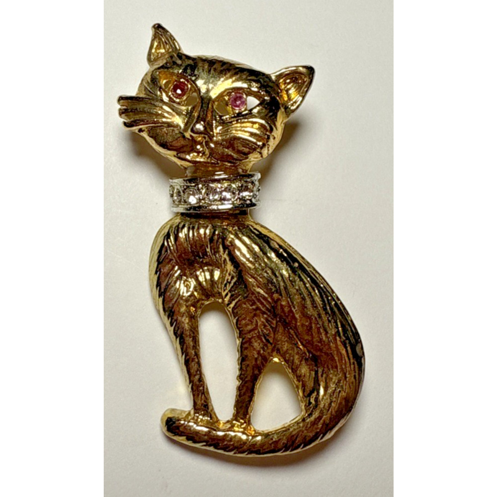 Vintage Gold Tone Cat Brooch with Pink Rhinestone‎ Eyes J-3P